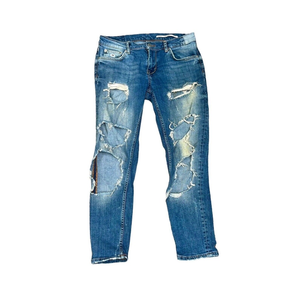 Zara Jeans Womens 4 Distressed Denim Jeans Medium Rise Relaxed Fit Straight Leg